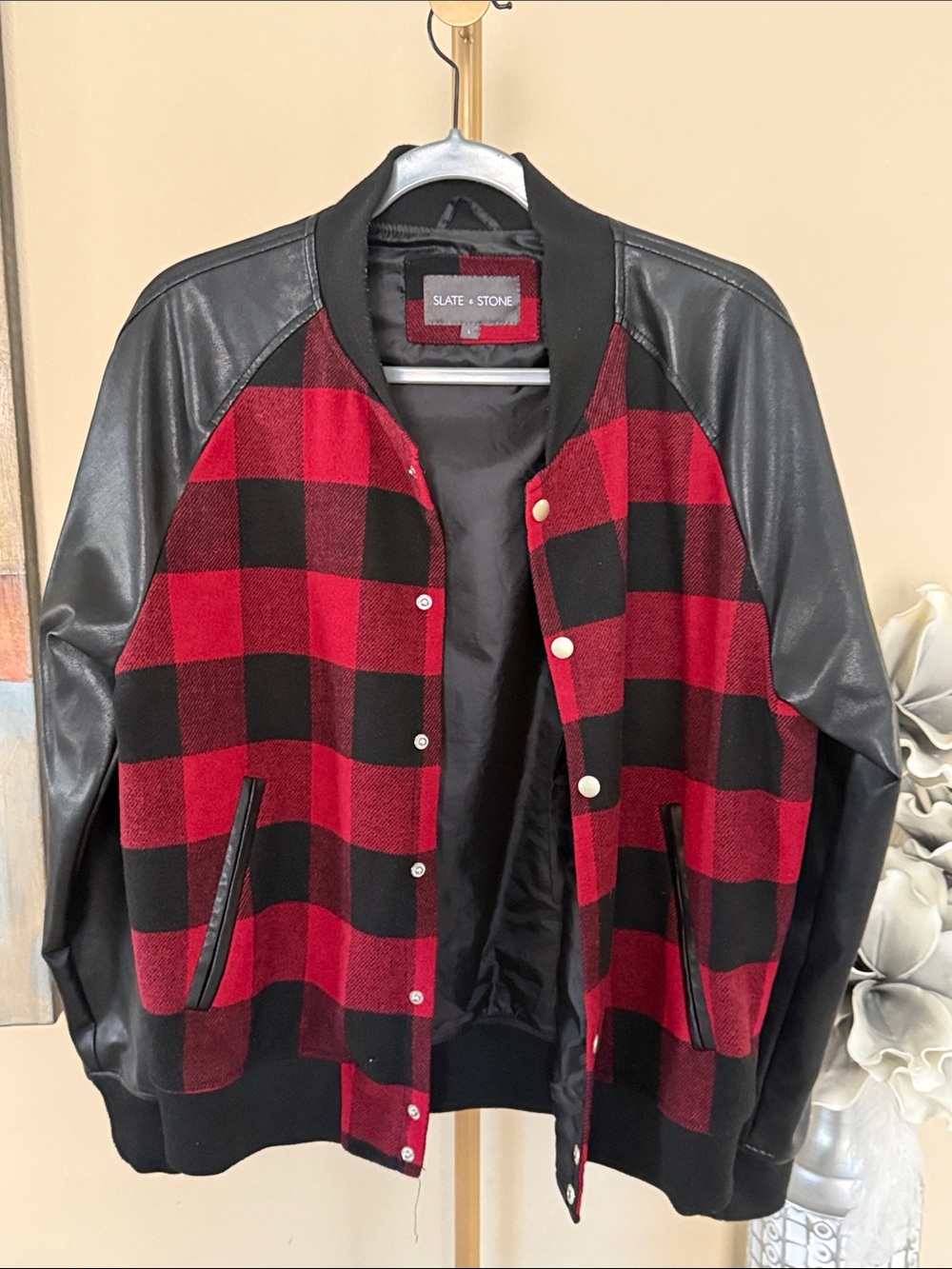 Slate & Stone Red and Black Buffalo Plaid Bomber with Black Faux Leather Sleeves
